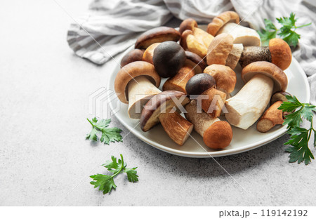 Freshly gathered assorted mushrooms on a plate with herbs set on a gray countertop  119142192