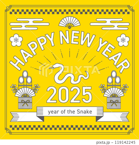 2025年の巳年の線画の年賀状_正方形_黄色 2025年の巳年の線画の年賀状_正方形_黄色 119142245