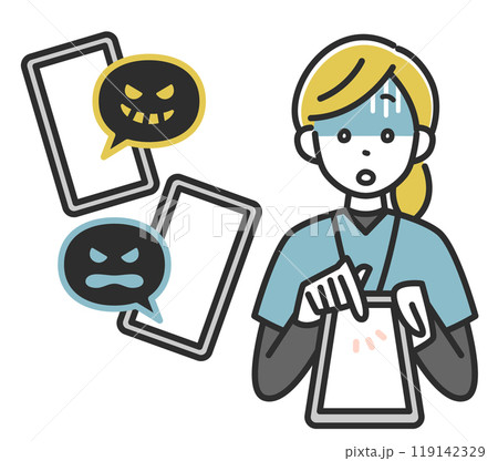 スマートフォンを持って青ざめる女性スタッフのイラスト スマートフォンを持って青ざめる女性スタッフのイラスト 119142329