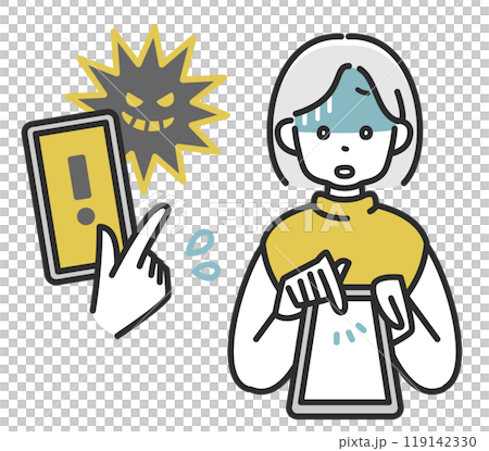 Illustration of a middle-aged woman with a pale face holding a smartphone 119142330