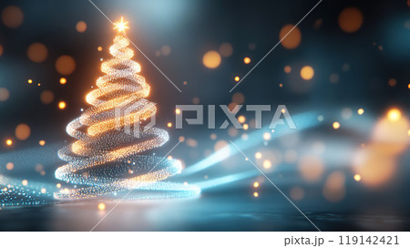 glowing spiral Christmas tree with golden lights creates festive and magical atmosphere. 119142421
