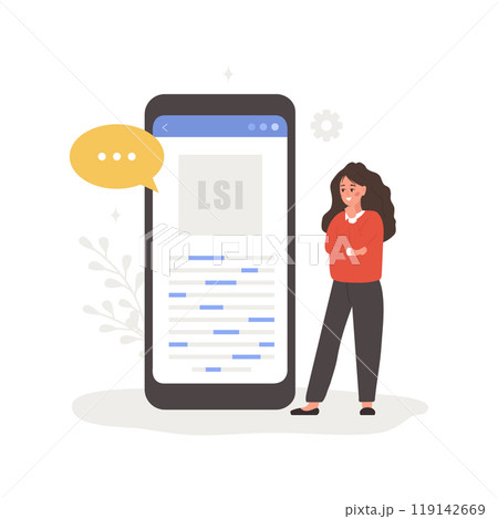 Lsi keyword service. Latent Semantic Indexing. Search engine marketing. Vector illustration in flat cartoon style. Female character is engaged in Web analysis and word search optimization 119142669