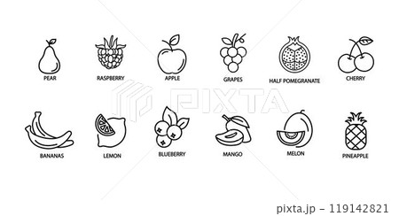 Fruits editable stroke outline web icons set. Apple, mango, banana, lemon, melon, pineapple, blueberry, pomegranate, grape. Vector illustration 119142821