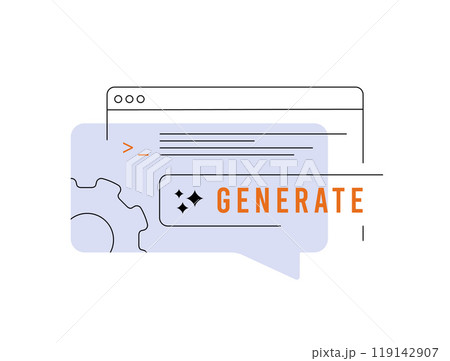 AI-generated information and effective prompts line illustration. Generate button and dialog box. AI content creation, SEO articles, code and marketing vector illustration AI-generated information and effective prompts line illustration. Generate button and dialog box. AI content creation, SEO articles, code and marketing vector illustration 119142907