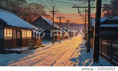 雪の積もった日本の街並み 119142915