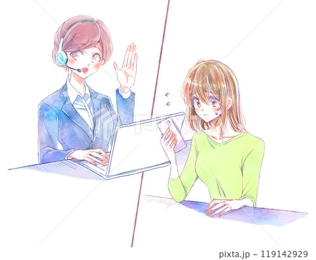 コールセンターの仕事をする女性とスマホを操作する困っている女性 コールセンターの仕事をする女性とスマホを操作する困っている女性 119142929