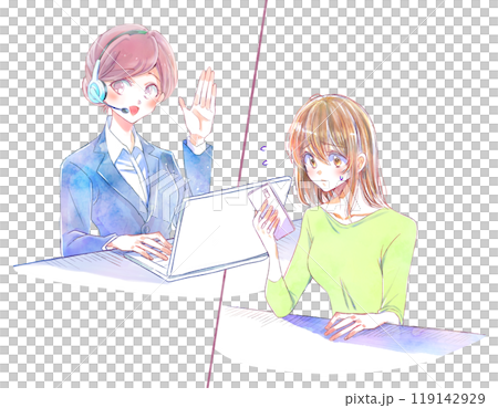 コールセンターの仕事をする女性とスマホを操作する困っている女性 コールセンターの仕事をする女性とスマホを操作する困っている女性 119142929