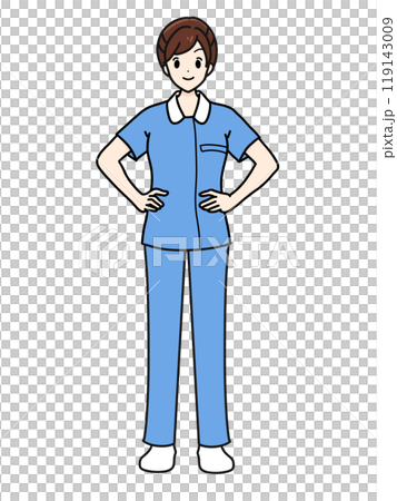 Female nurse standing pose in front, pants style, blue, hands on hips Female nurse standing pose in front, pants style, blue, hands on hips 119143009
