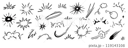 Comic cartoon boom speed effect, explosive motion line element set. Comic boom burst, explosive smoke, line speed cartoon vector icon. Hand drawn sketch doodle action effect. Vector 119143108