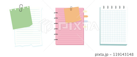 Memo notes, paper for note with clip, postit. Planner notebook page. Idea list. Post note sticker. Quote frame, reminder. 119143148