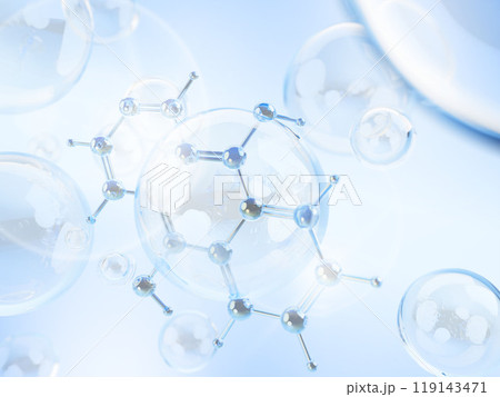 3d collagen cells with dna molecular structure on light blue background render. Innovation cosmetic banner of water or gel bubbles, oil drops, beauty care serum, hyaluron skin essense. 3D illustration 119143471