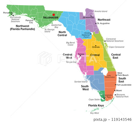 Regions of U.S. state Florida, multi colored map showing travel regions, subregions, cities, and major destinations. State in Southeastern United States with capital Tallahassee. Isolated illustration 119143546