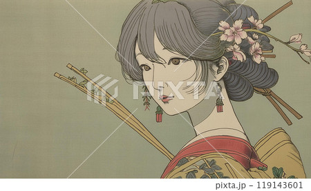 浮世絵風イラスト、女性、葛飾北斎風、日本画イラストのイラスト