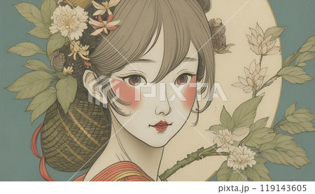 浮世絵風イラスト、女性、葛飾北斎風、日本画イラスト 119143605