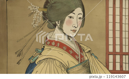浮世絵風イラスト、女性、葛飾北斎風、日本画イラスト 119143607