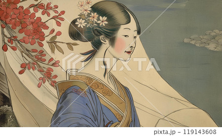 浮世絵風イラスト、女性、葛飾北斎風、日本画イラスト 119143608