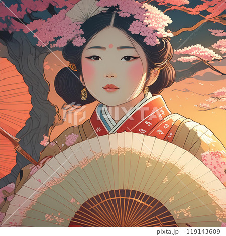 浮世絵風イラスト、女性、葛飾北斎風、日本画イラスト 119143609