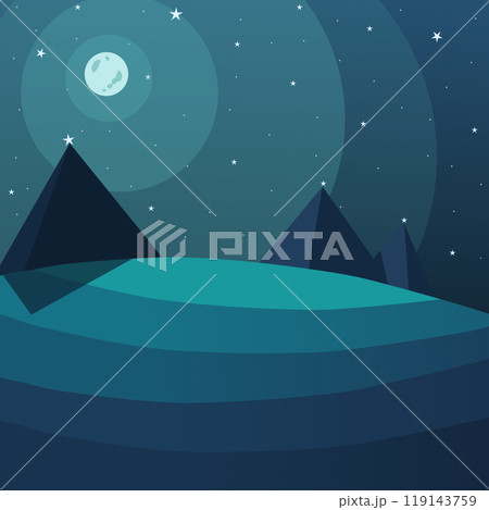 pyramids on the background of the night sky and a round moon. Vector illustration night landscape with stars. striped image stylized art in cool colors 119143759