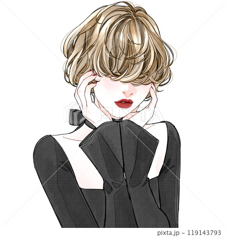 前髪で目元を隠している女性(見ざる) 119143793
