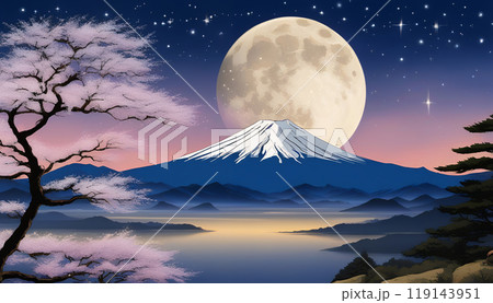 富士山と満月の星空イラスト 119143951