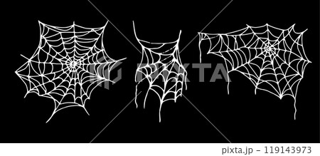 Set of spider webs. White outline in doodle style. Curved silhouette of threads for Halloween. Hand drawn isolated graphic clipart. Line illustration of different web shapes for creepy decor, design. 119143973