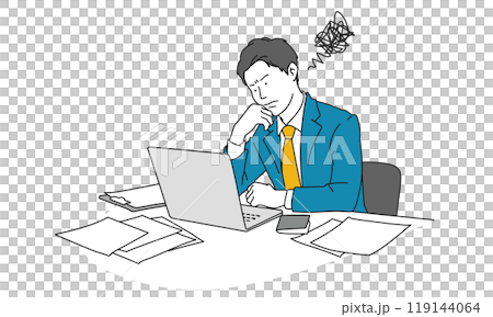 A simple illustration of a businessman worried in front of a computer 119144064