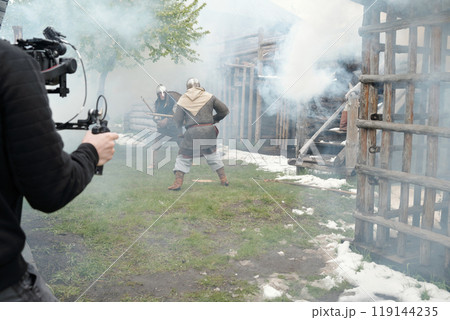 Filming Historical Battle Scene with Smoke Effects Filming Historical Battle Scene with Smoke Effects 119144235