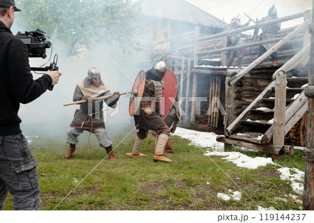 Filming Medieval Battle Scene with Actors in Armor 119144237