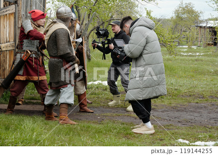 Filming Historical Reenactment Scene in Outdoor Setting 119144255