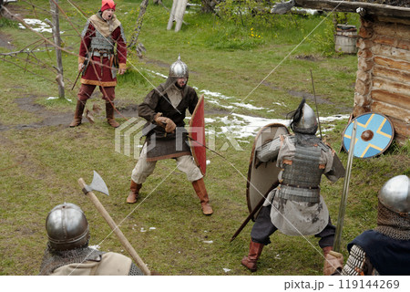 Preparing for Medieval Battle During Historical Reenactment Preparing for Medieval Battle During Historical Reenactment 119144269