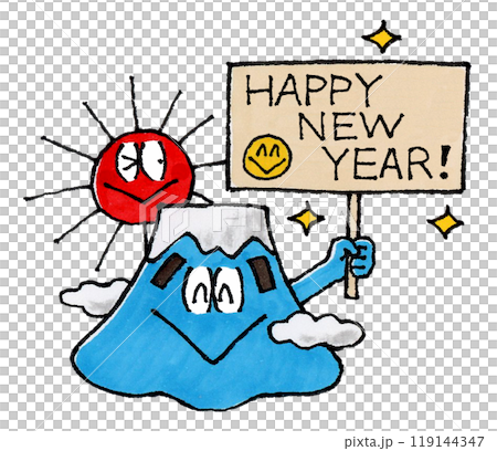Mt. Fuji and sun character holding a sign saying HAPPY NEW YEAR! Mt. Fuji and sun character holding a sign saying HAPPY NEW YEAR! 119144347