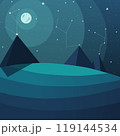 Three pyramids at night there is a star on the top of the pyramids. designations of zodiac signs in the sky with luminous stripes between the stars. night drawing with pyramids on the theme of 119144534