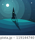 A man climbs into a space rocket parked in a night field under the moon. Vector illustration rocket at night at launch. A man is going to fly to the moon. There are stars in the background and a night 119144740