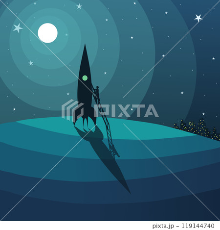 A man climbs into a space rocket parked in a night field under the moon. Vector illustration rocket at night at launch. A man is going to fly to the moon. There are stars in the background and a night A man climbs into a space rocket parked in a night field under the moon. Vector illustration rocket at night at launch. A man is going to fly to the moon. There are stars in the background and a night 119144740