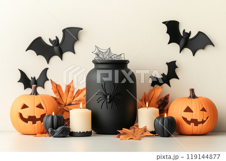 Halloween themed arrangement with black candles, pumpkins, spiders, bats, and spider web on white background. 119144877