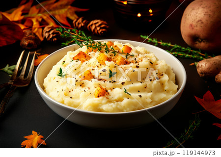 Plate of creamy mashed potatoes topped with rich gravy and herbs on a rustic wooden table. Concept for Thanksgiving day 119144973