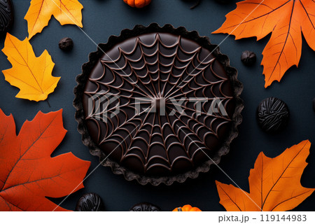 Chocolate tart with spider web design and spider decoration on black background. Concept of Halloween dessert Chocolate tart with spider web design and spider decoration on black background. Concept of Halloween dessert 119144983