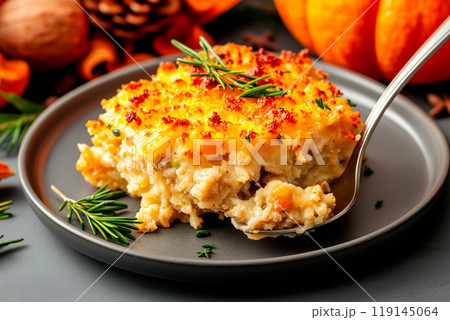 Spoonful sweet potato casserole being served onto a plate on holiday background. Thanksgiving Day side dishes Spoonful sweet potato casserole being served onto a plate on holiday background. Thanksgiving Day side dishes 119145064