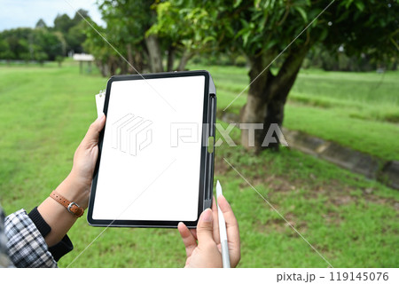 Modern farmer standing in field holding digital tablet with blank screen. Technology, innovation and farming concept 119145076