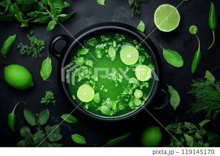 Cauldron filled with green potion, surrounded by pumpkins, leaves, and Halloween decorations on a dark background. Cauldron filled with green potion, surrounded by pumpkins, leaves, and Halloween decorations on a dark background. 119145170