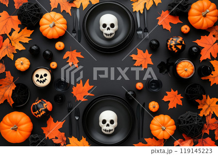 Halloween themed table setup with orange pumpkins, black skulls, red leaves, and black cutlery on a dark background Halloween themed table setup with orange pumpkins, black skulls, red leaves, and black cutlery on a dark background 119145223