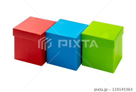Three colorful square gift boxes of red, blue, and green, placed side by side isolated on white background 119145363