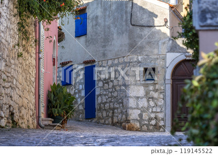 Rovinj, Croatia narrow street with colorful houses 119145522