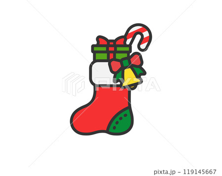 プレゼントの入った、サンタクロースの靴下のアイコン（線画カラー）のイラスト 119145667