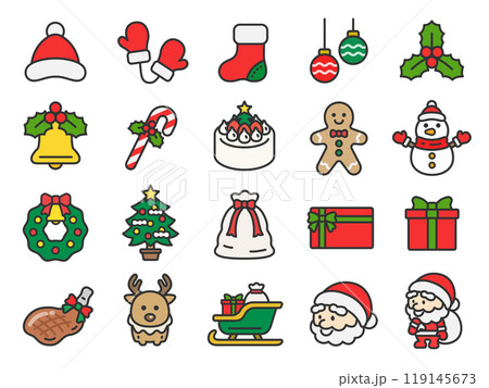 いろいろな、クリスマスのアイコン（線画カラー）のイラストセット 119145673
