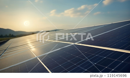 Photovoltaic panels close up. Reflection of a beautiful sun light with clouds in solar panels. Conception of sustainable energy. Alternative energy. Photovoltaic panels close up. Reflection of a beautiful sun light with clouds in solar panels. Conception of sustainable energy. Alternative energy. 119145696