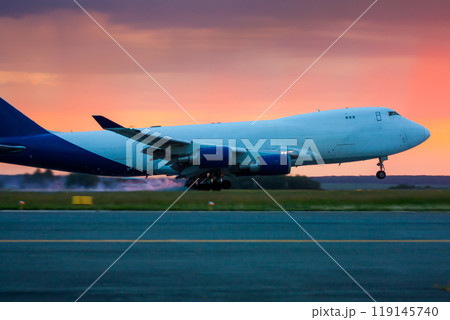 Landing wide body cargo transport aircraft early summer morning 119145740
