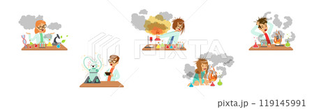 Boy and Girl Scientist Kid Character at Table Fail with Test and Experiment Vector Set 119145991