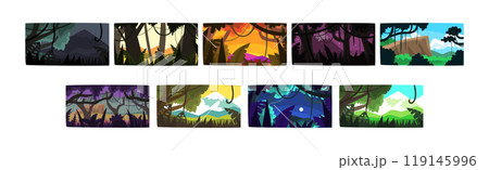 Jungle and Rainforest with Dense Trees, Lush Vegetation and Hanging Lianas Picture Vector Set Jungle and Rainforest with Dense Trees, Lush Vegetation and Hanging Lianas Picture Vector Set 119145996