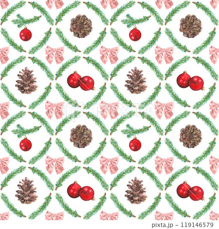 Seamless pattern of fir branches, pinecones, bow, red ball for Christmas. All objects are hand-painted with watercolor on white background. For printing on paper, postcards, packaging, fabric, decor. Seamless pattern of fir branches, pinecones, bow, red ball for Christmas. All objects are hand-painted with watercolor on white background. For printing on paper, postcards, packaging, fabric, decor. 119146579